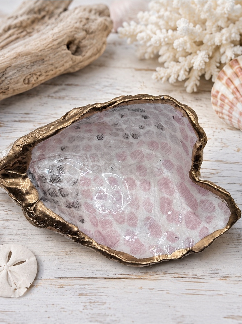 Handmade Heart Shell Trinket Dish with Gold Edge - Pink & White